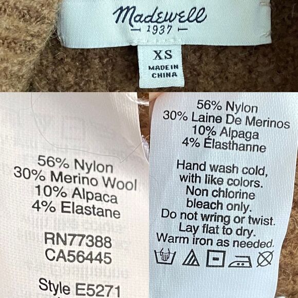 MADEWELL Wool Waffle Thermal Turtleneck Mock Neck Sweater Brown XS - Picture 7 of 7